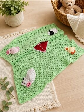 Handmade Crochet Farm Baby Blanket – Cow, Pig,Chick & Sheep – Soft Green Nursery